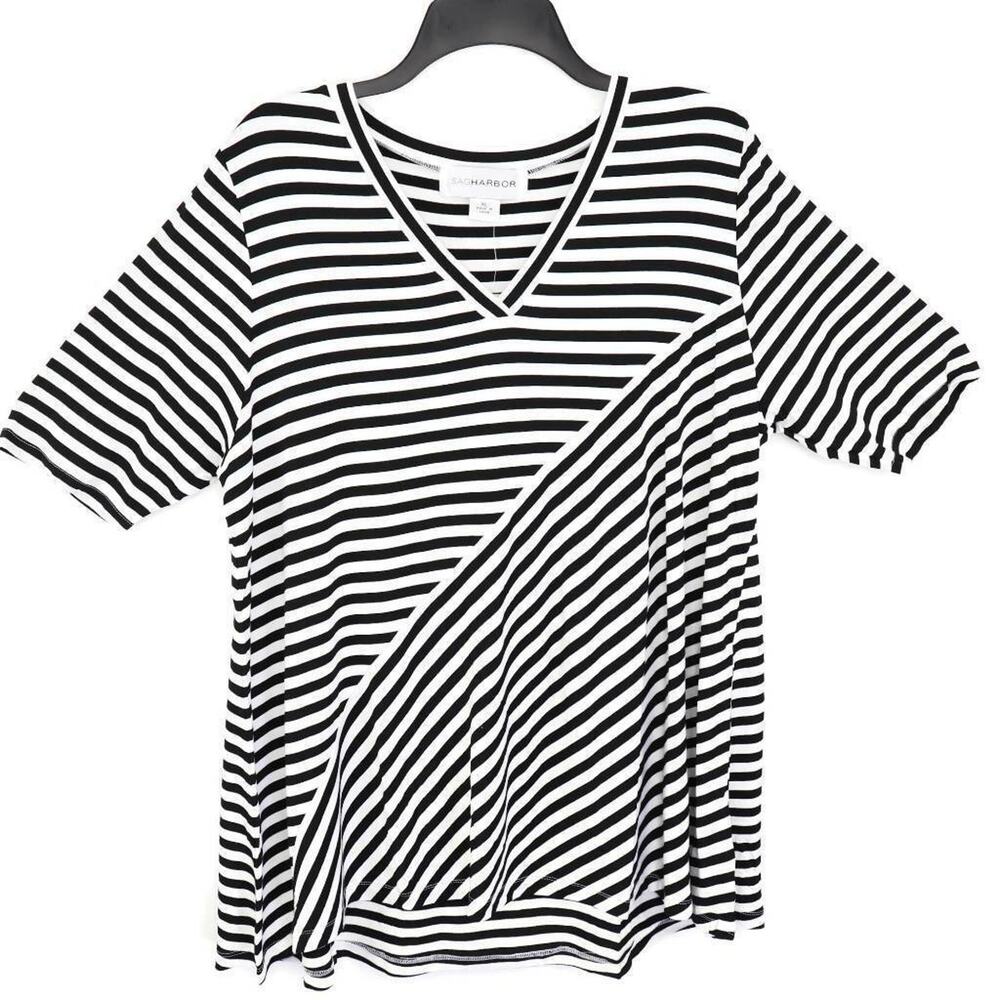 Sag Harbor Womens T-Shirt Black‎ White Asymmetric Stripes Stretch V Neck XL New
